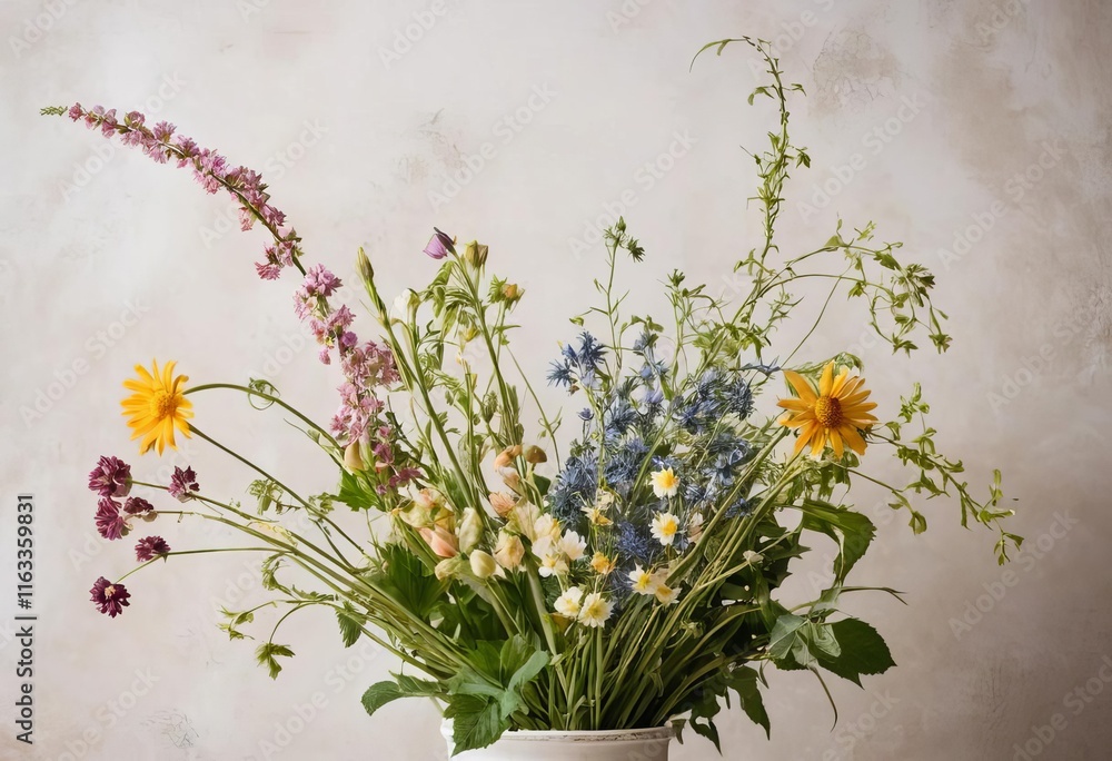 Obraz premium A still life of colorful flowers in a vase against a draped background