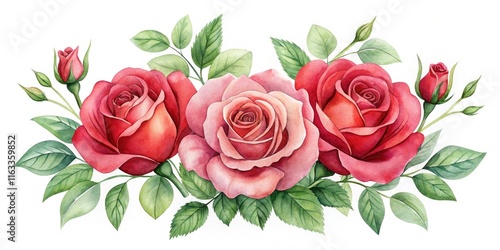 Minimalist Watercolor Red Roses with Leaves on White Background - Elegant Floral Art for Home Decor and Design
