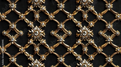 A seamless design with brilliant crystals and gold accents, forming an intricate lattice pattern on a black backdrop