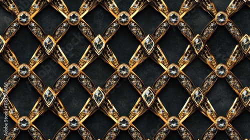 A seamless design with brilliant crystals and gold accents, forming an intricate lattice pattern on a black backdrop