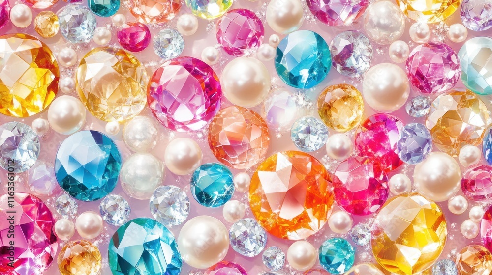 A seamless pattern of colorful crystals and pearls arranged in a harmonious and opulent composition, perfect for luxury themes A seamless pattern of colorful crystals and pearls arranged in a harmonious and opulent composition, perfect for luxury themes