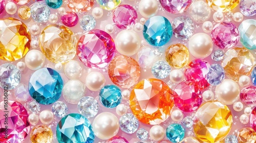 A seamless pattern of colorful crystals and pearls arranged in a harmonious and opulent composition, perfect for luxury themes