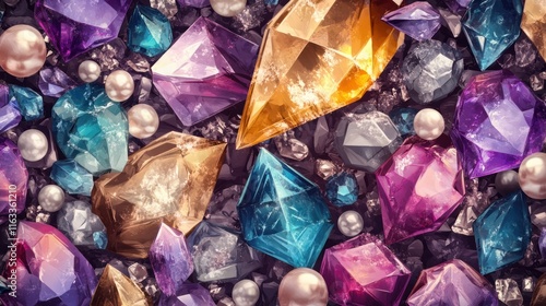 A seamless pattern of colorful crystals and pearls arranged in a harmonious and opulent composition, perfect for luxury themes
