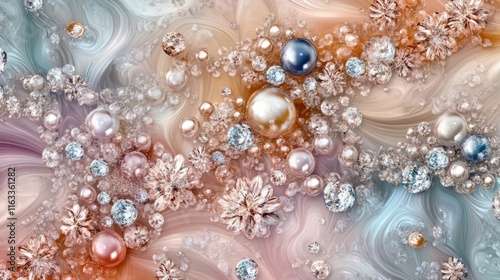 A seamless pattern of multicolored crystals and pearls arranged in a flowing and refined texture, creating a luxurious feel