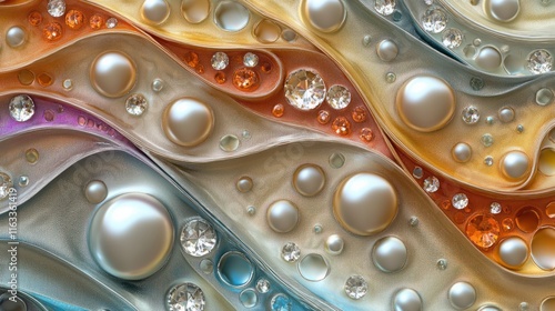 A seamless pattern of multicolored crystals and pearls arranged in a flowing and refined texture, creating a luxurious feel