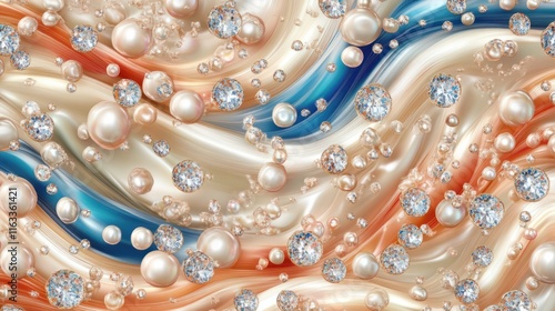 A seamless pattern of multicolored crystals and pearls arranged in a flowing and refined texture, creating a luxurious feel