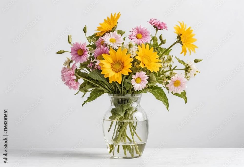 A bouquet of colorful summer flowers in a vase on a white background A bouquet of colorful summer flowers in a vase on a white background