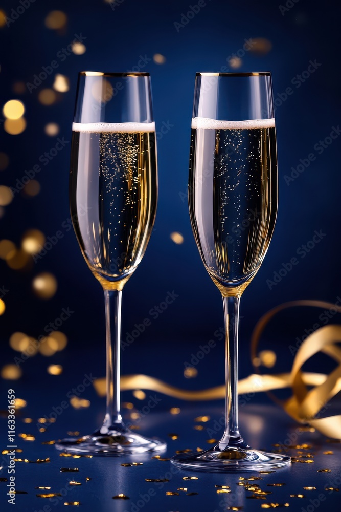 Sparkling Wine and Golden Confetti on Dark Blurred Background. Sparkling Wine and Golden Confetti on Dark Blurred Background.