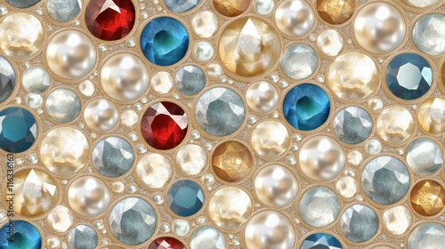 A seamless pattern of radiant gemstones and pearls, arranged in a harmonious and luxurious texture perfect for upscale themes