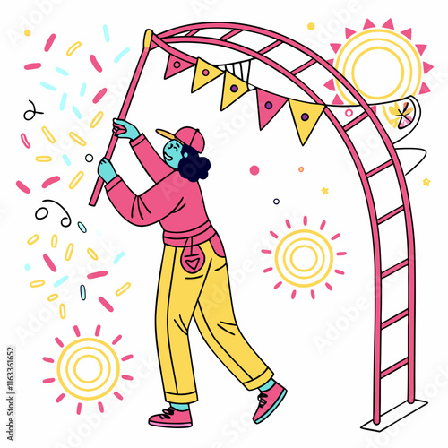 Festival Setup: Hanging Bunting & Celebration