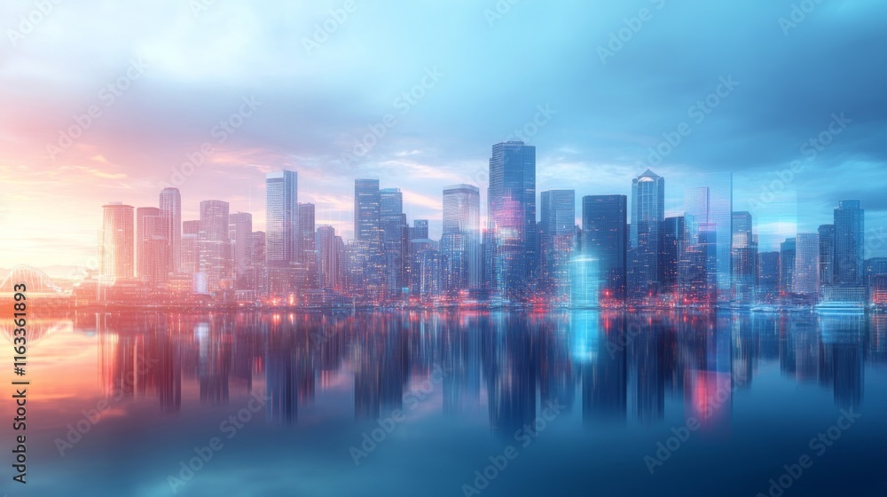 Fototapeta premium Seattle skyline with waterfront view. Skyscrapers of financial downtown at day time, Washington, USA. Social media hologram. Concept of networking and establishing new people connections