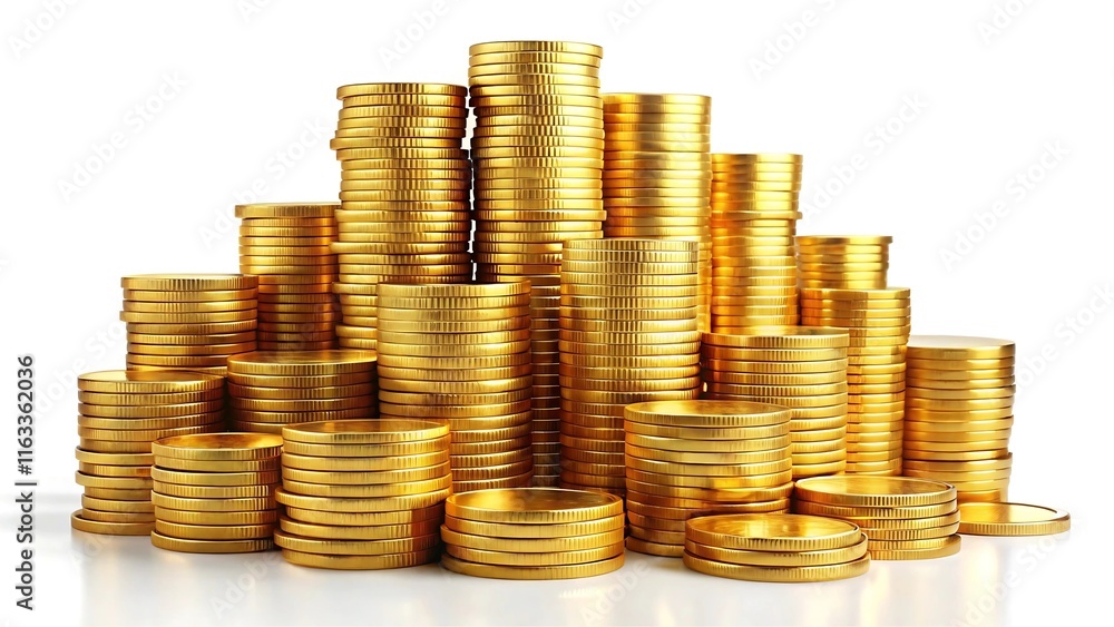 Gold money coins of gleaming for Banking and Financial Concept on a isolated white background Gold money coins of gleaming for Banking and Financial Concept on a isolated white background