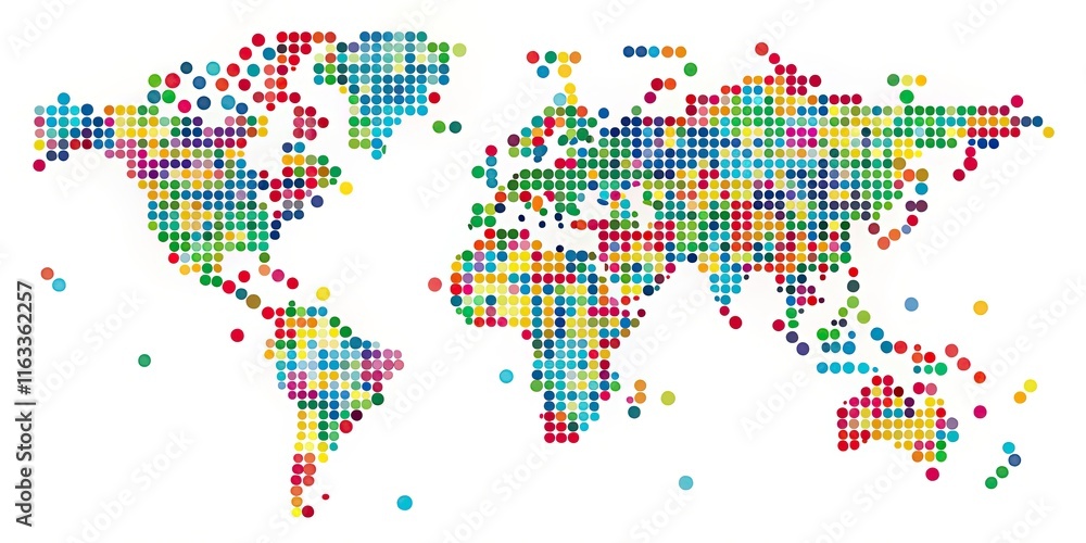 Fototapeta premium Polka Dot World Map on White Background with Pathways - Panoramic View of Global Landmarks and Travel Routes