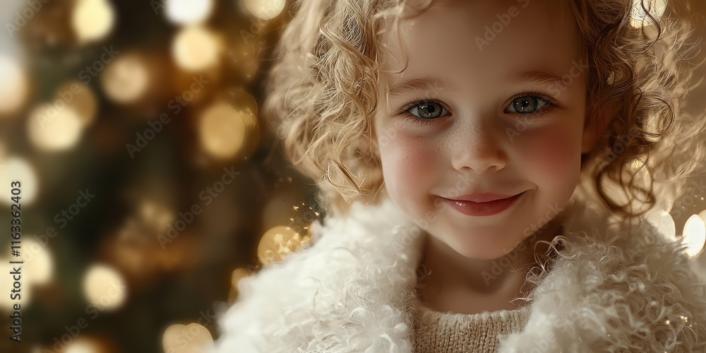 Fototapeta premium A portrait of an adorable little girl with curly hair, wearing a white fur coat and smiling at the camera, generative AI