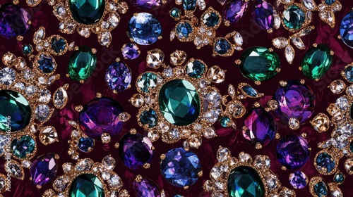 A seamless pattern of sparkling sapphires and emeralds set against a rich burgundy background, exuding luxury