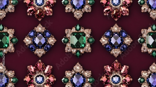 A seamless pattern of sparkling sapphires and emeralds set against a rich burgundy background, exuding luxury