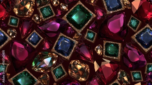 A seamless pattern of sparkling sapphires and emeralds set against a rich burgundy background, exuding luxury