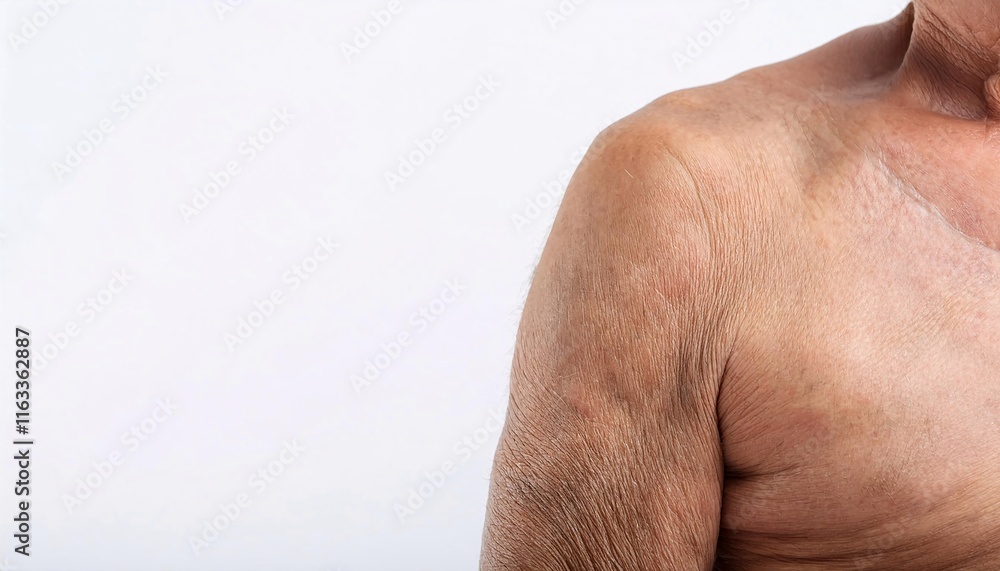 Naklejka premium close-up of aged inner arm with visible wrinkles, sagging skin, and uneven texture showing signs of aging on isolated white background 