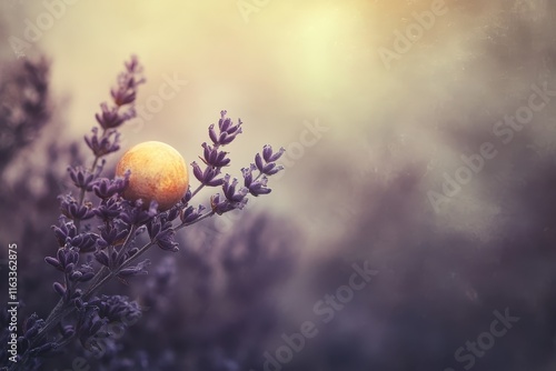 Beautiful Lavender Plant with a Delicate Orange Sphere Creating a Dreamy Atmosphere in a Soft Focus Background Ideal for Nature and Serenity Themes