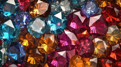 A sparkling pattern of faceted gemstones in rich hues, creating a seamless texture perfect for elegant backgrounds