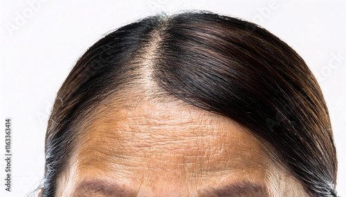 close-up of deep forehead wrinkles with visible skin texture and aging lines on mature skin in isolated white background
 photo