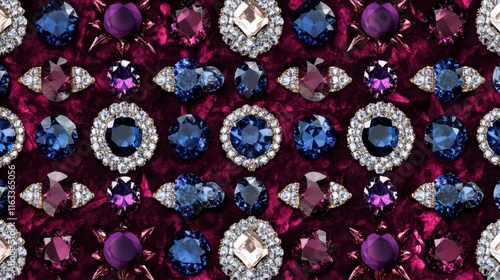 A sparkling seamless pattern of diamonds and sapphires set against a deep burgundy background, evoking luxury