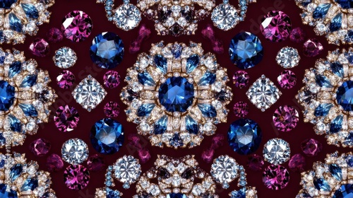 A sparkling seamless pattern of diamonds and sapphires set against a deep burgundy background, evoking luxury