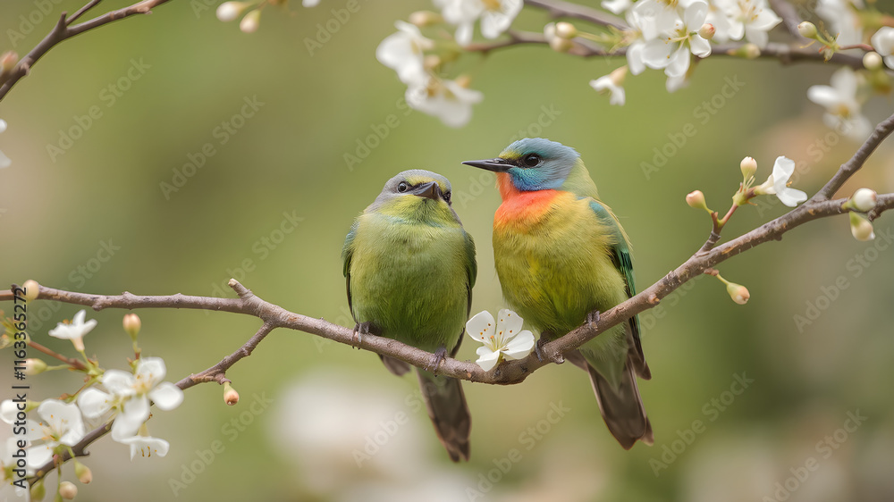 A pair of lovebirds perched on a blossoming tree branch, their feathers vibrant with blues and greens A pair of lovebirds perched on a blossoming tree branch, their feathers vibrant with blues and greens