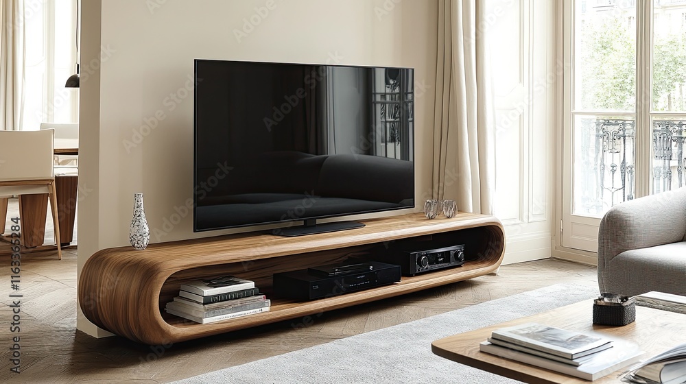 Wooden TV stand with large flat-screen TV in a modern setting Wooden TV stand with large flat-screen TV in a modern setting