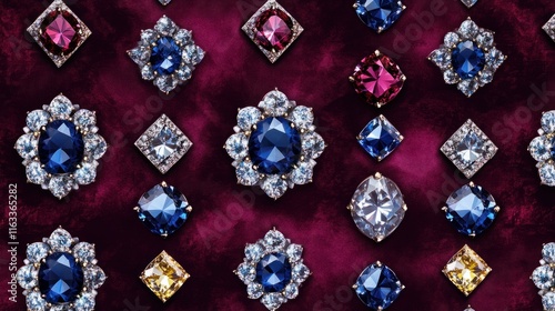 A sparkling seamless pattern of diamonds and sapphires set against a deep burgundy background, evoking luxury