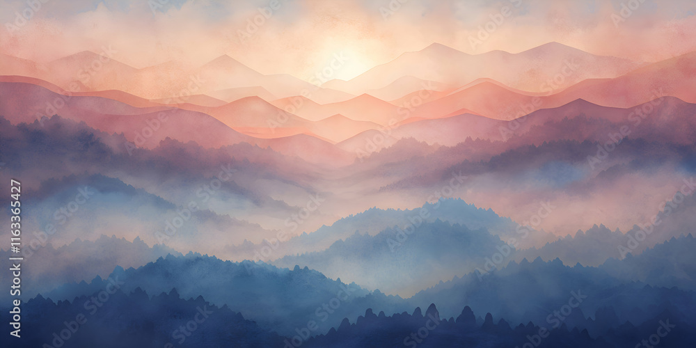 Fototapeta premium Misty Mountain Sunrise. A Breathtaking Panorama