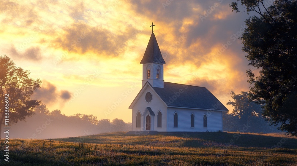 Fototapeta premium Sunrise at the Country Church: A Peaceful Landscape