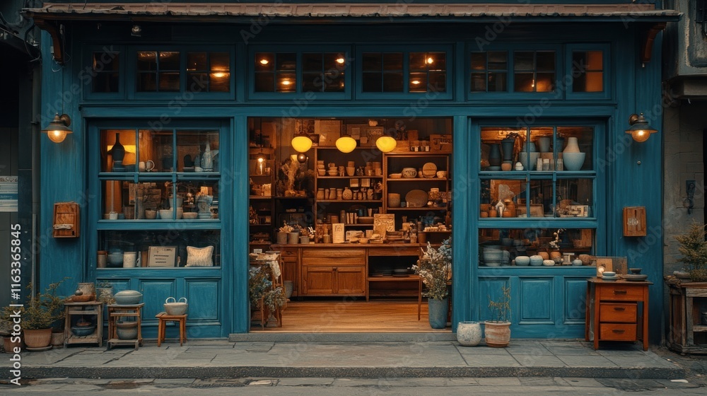 Charming teal storefront with pottery, home goods, and warm lighting at night. Charming teal storefront with pottery, home goods, and warm lighting at night.