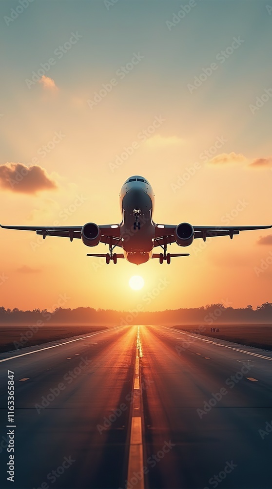Fototapeta premium Commercial Airplane Taking Off on a Scenic Runway During Sunrise