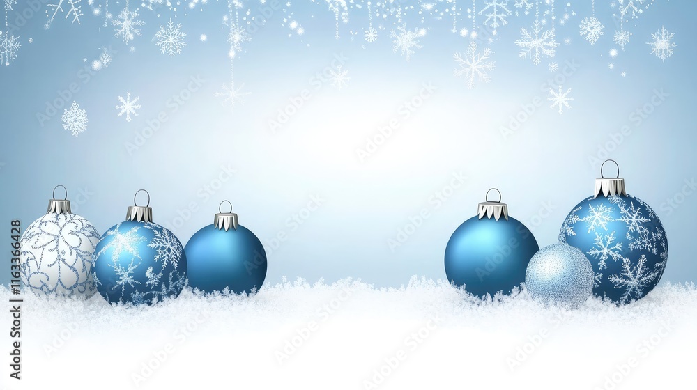 A festive arrangement of blue and white Christmas ornaments on a snowy background. A festive arrangement of blue and white Christmas ornaments on a snowy background.