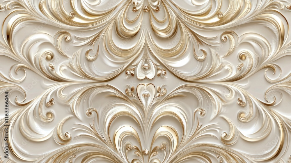 A luxurious cream design with symmetrical swirling motifs and delicate metallic accents in a seamless style A luxurious cream design with symmetrical swirling motifs and delicate metallic accents in a seamless style