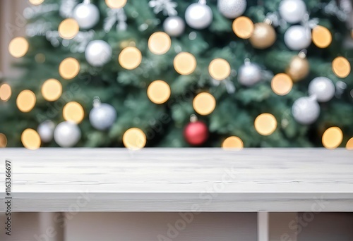 A white table with a blurred Christmas tree in the background