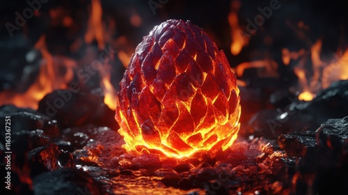 Glowing dragon egg in fiery embers.