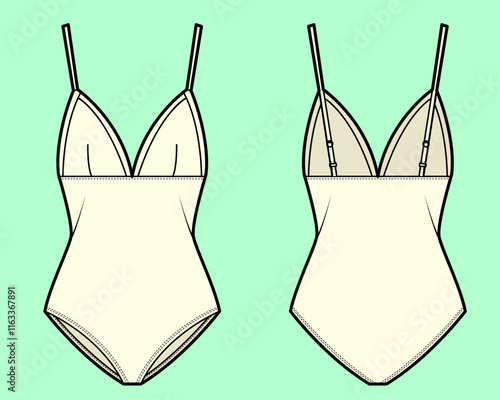 One-piece swimsuit for swimwear, beachwear ecru colour flat sketch outline template. 