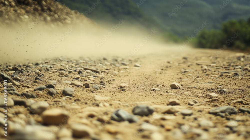 A dusty road with small stones and sand blown by the wind A dusty road with small stones and sand blown by the wind