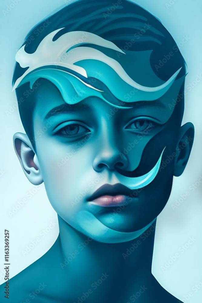 An abstract portrait of a boy with his face distorted into flowing waves, blending shades of teal, navy, and white. His expression is serene yet mysterious, An abstract portrait of a boy with his face distorted into flowing waves, blending shades of teal, navy, and white. His expression is serene yet mysterious,