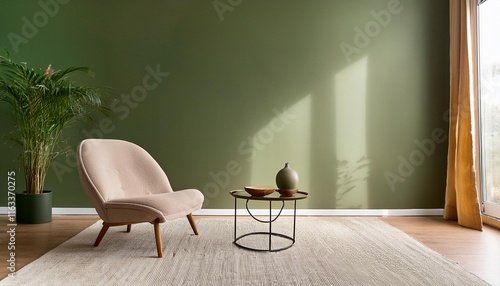 Empty Olive Green Wall Mockup in Mid Century Modern Interior with Lounge Chair and an Oval Coffee Table. Natural Daylight From a Window. Promotion Background.