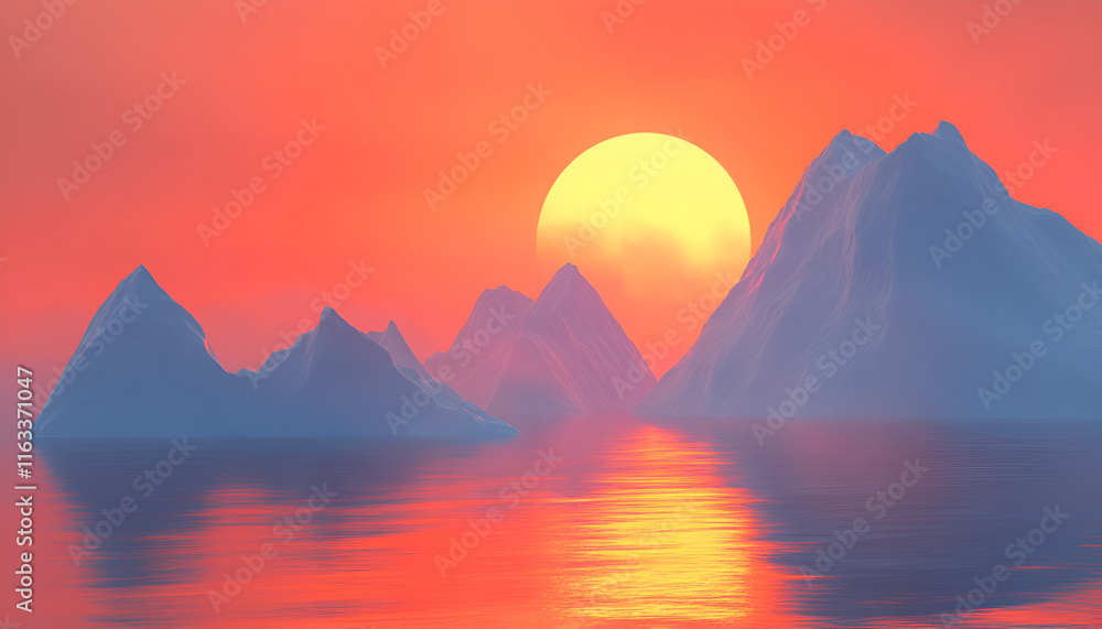 Vibrant Icebergs in Calm Ocean at Sunset Vibrant Icebergs in Calm Ocean at Sunset