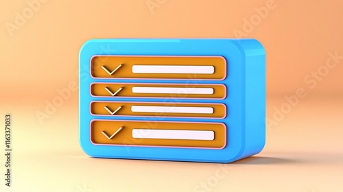 3D illustration of a blue checklist with orange checkmarks on a gradient background, symbolizing task completion and organization. photo