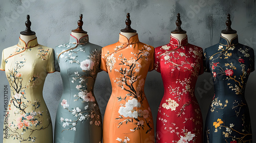Traditional Chinese cheongsams in various colors and floral patterns