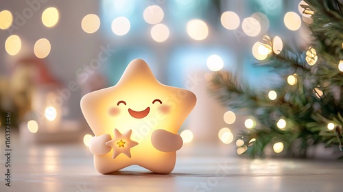 A cheerful star-shaped lamp glows warmly amidst a festive backdrop of twinkling lights and greenery, evoking a cozy holiday spirit.