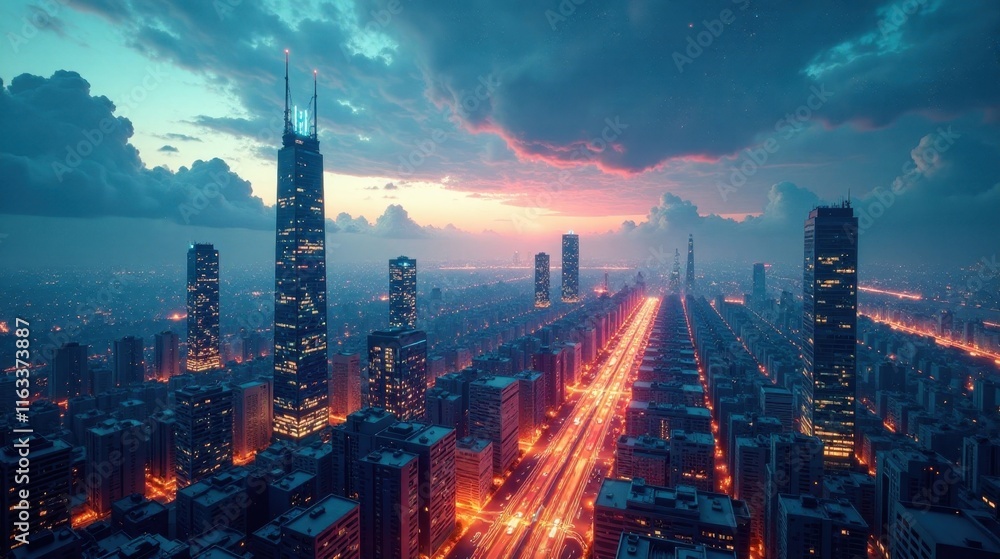Fototapeta premium A Futuristic Metropolis at Twilight Glowing Cityscape with Skyscrapers and Illuminated Avenues