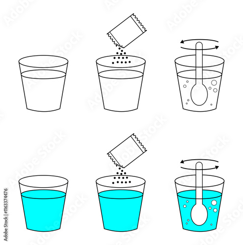 Sachet powder concept set. Instruction how to dissolve effervescent medication in water. Vector illustration. packet use