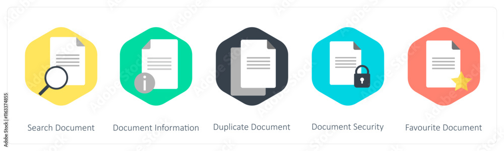 A set of 5 mix icons as search document, document information, duplicate document A set of 5 mix icons as search document, document information, duplicate document