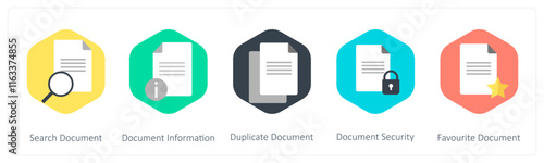 A set of 5 mix icons as search document, document information, duplicate document